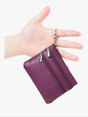 Genuine Leather Zip Coin Pouch - Mustard Purple